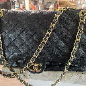 Black Quilted Shoulder Bag with Gold Chain